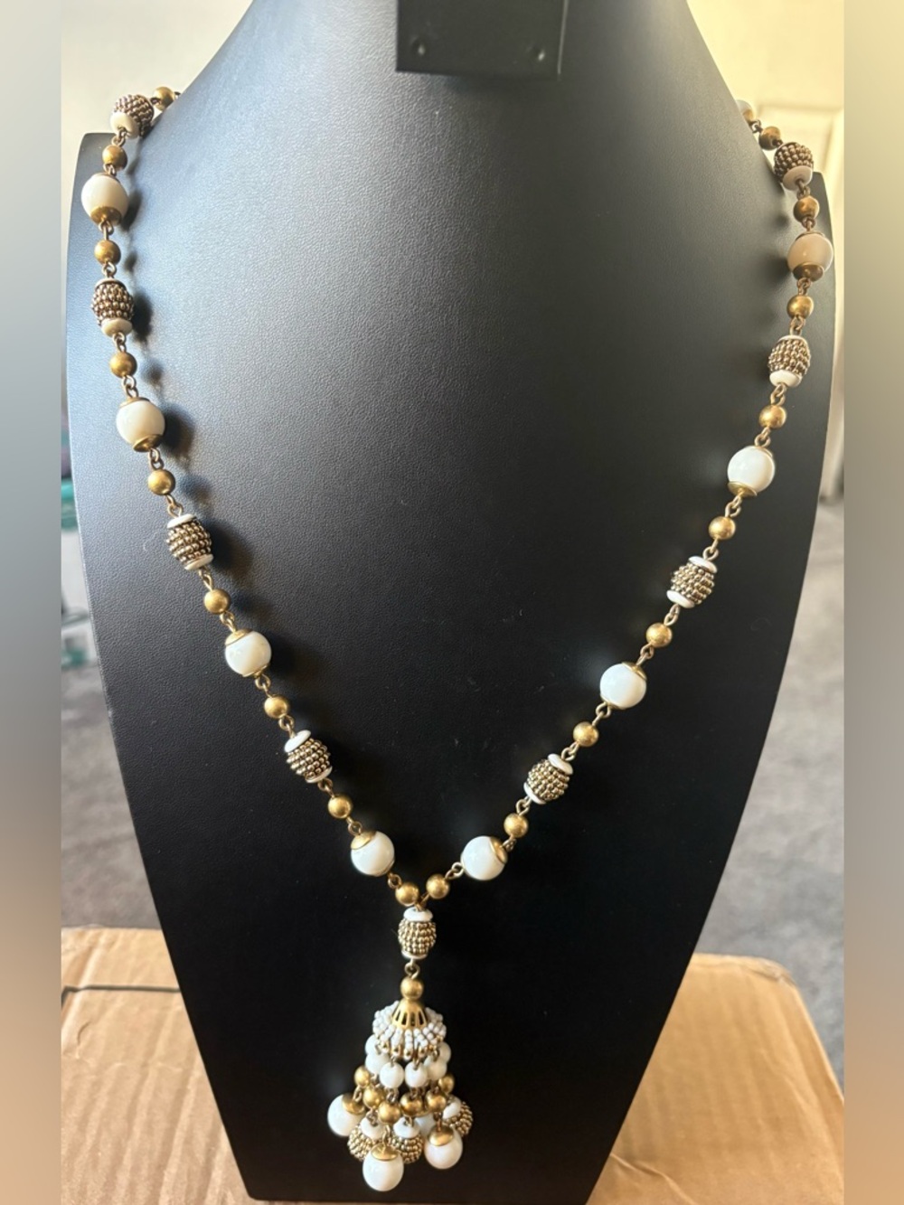 J CREW Tassel Necklace Gold Tone White Beads Dangle Drop Pendant Adjustable